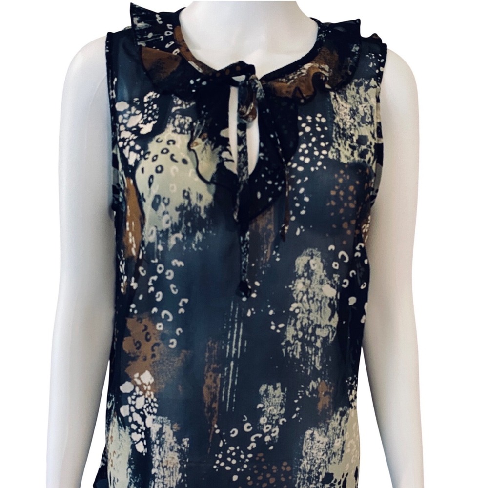 Cabi Incandescent Top 4185 Burst Print Sleeveless Ruffle Tie Neck Blouse Medium